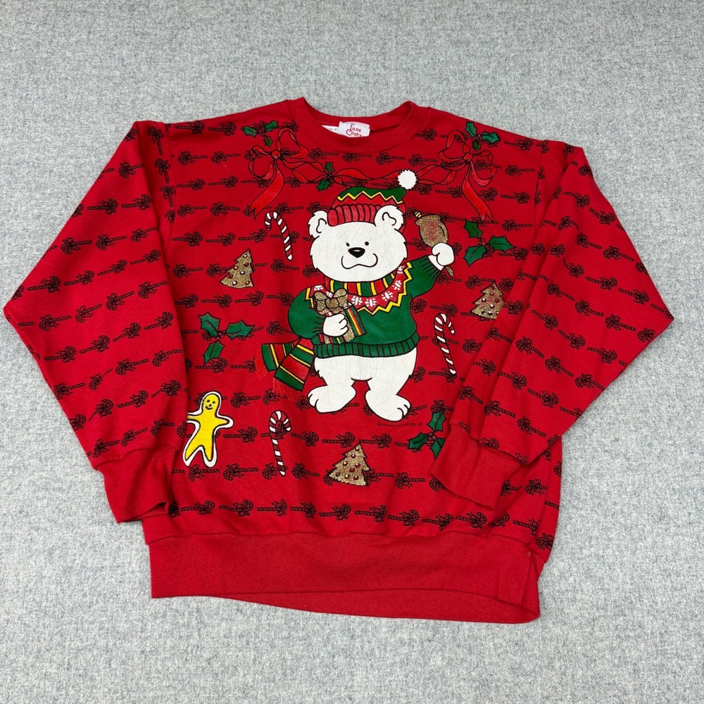Jane Colby Christmas Sweatshirt Small Red Polar Bear Glitter Vintage Holiday Top